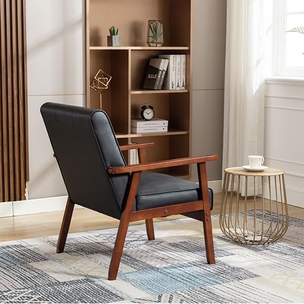 JIASTING Mid-Century Retro Modern Accent Chair Wooden Arm Upholstered Tufted Back Lounge Chairs Seat Size 24.4" 18.3" (Deep) (Square Leg Black)