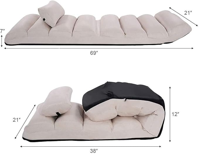 Moccha Floor Chairs for Adults, Adjustable 5-Position Floor Lounger w/Thick Padded & Pillow, No Assembly Folding Lazy Sofa Chair for Gaming, Sleeping, Light Weight Chaise Lounge Indoor, Beige
