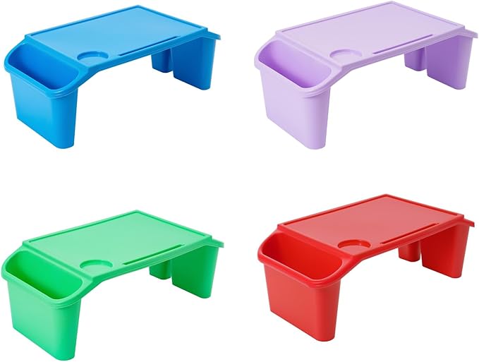 Mind Reader Kids Lap Desk, 4 PCS Kids Lap Desk Bulk Tray Lap, Portable Activity Tray with Side Storage, Stackable Plastic Desk Table for Students Drawing, Snacks, Study (Colorful, Small)