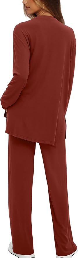 Darong Women's 2 Piece Lounge Set Casual Long Sleeve Crew Neck Tops Wide Leg Pants Travel Airport Outfit Matching Sets