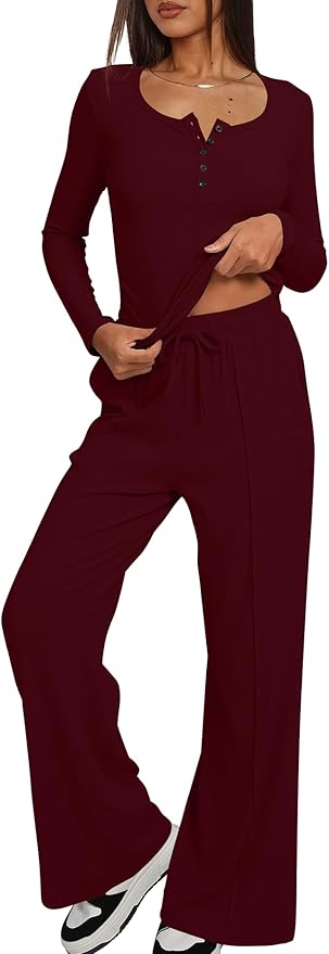 Darong Womens 2 Piece Matching Lounge Sets 2026 Long Sleeve Henley Shirts Wide Leg Pants Airport Travel Outfits