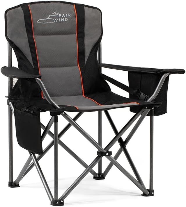 FAIR WIND Oversized Fully Padded Camping Chair for Heavy People with Lumbar Support, Heavy Duty Quad Fold Chair with Cooler Bag, Support 450 LBS, Black