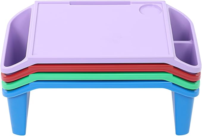 Mind Reader Kids Lap Desk, 4 PCS Kids Lap Desk Bulk Tray Lap, Portable Activity Tray with Side Storage, Stackable Plastic Desk Table for Students Drawing, Snacks, Study (Colorful, Large)