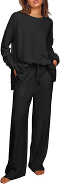 Ekouaer Womens Tracksuits 2 Piece Long Sleeve Outfits Micro Fleece Sweatsuit Sets Wide Leg Sweatpants