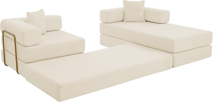 108" Convertible Sleeper Sofa Bed, Corduroy Folding Sofa Bed with Fixed-Shape Frame, Fold Out Floor Mattress Couch, Lazy Compression Sofas for Living Room, Bedroom, No Assembly Required,Beige