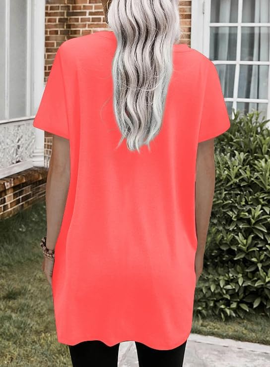 Poetsky Summer Womens Tunic Tops for Leggings with Pockets Short Sleeve Casual Long T Shirts S-3XL