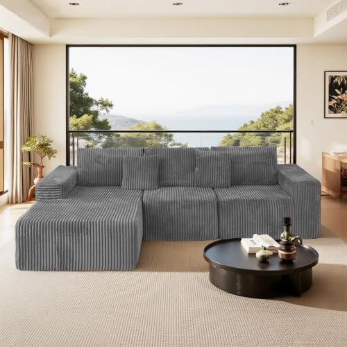 112.99" Boneless Cloud Couch, L Shaped Sectional Sofa with Chaise, No Assembly Required, Sink-in Corduroy Fabric & Memory Foam, Plush Modular Sofa for Apartment, Lounge, Dorm (Grey)