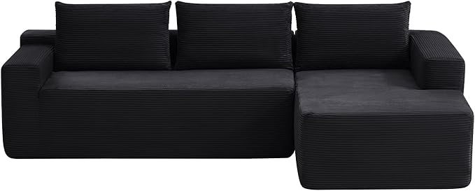 96 Inch Cloud Sectional Couch,Modern Modular Sectional Sofa with Deep Seat,Corduroy Boneless Couches with L-Shape Chaise for Living Room Bedroom,No Assembly Required (Black, Right Facing Chaise)