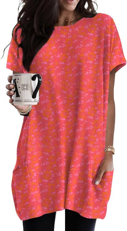 Poetsky Summer Womens Tunic Tops for Leggings with Pockets Short Sleeve Casual Long T Shirts S-3XL