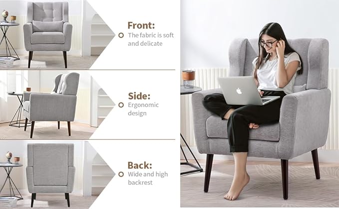 CHSICFOR Modern Accent Chair, Upholstered Arm Chair with Waist Pillow, Single Sofa Chair for Living Room Bedroom Small Spaces (Light Gray)