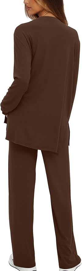Darong Women's 2 Piece Lounge Set Casual Long Sleeve Crew Neck Tops Wide Leg Pants Travel Airport Outfit Matching Sets