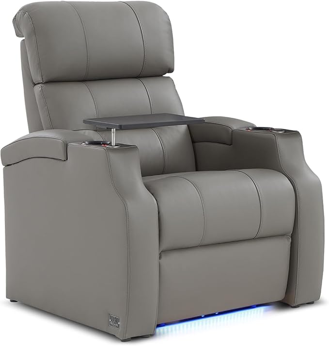 Weilianda Home Theater Seating, Top Grain Leather Sectional Seats Recliner Chair, Zero Gravity Reclining Sofa with Power Headrest 7 Colors Ambient Lighting USB C Charge Row of 1 Grey