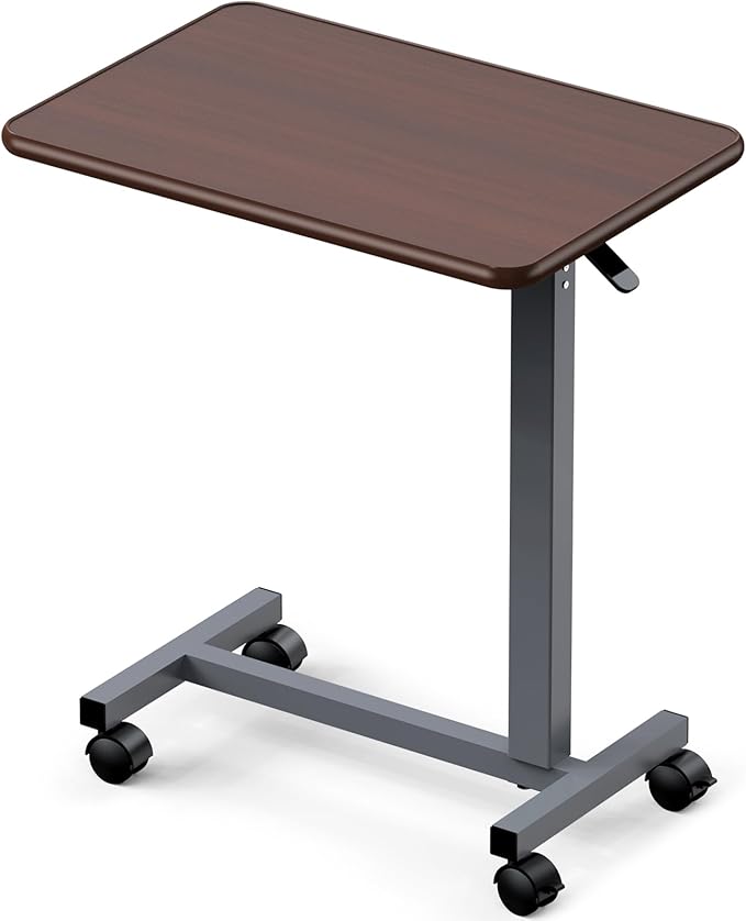 WOTURE Adjustable Overbed Table with Wheels, Bedside Rolling Table, Pneumatic Height Adjustment, Hospital Bed Table on Wheels, Standing Desk, Bedridden & Mobility Needs, Walnut