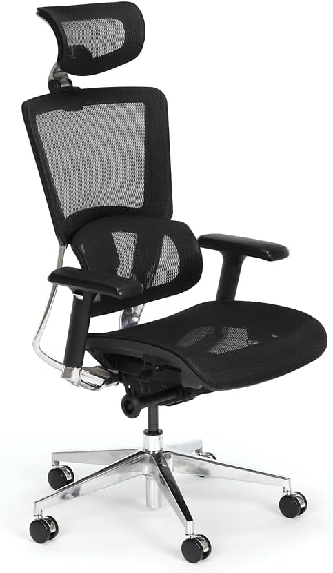 NBF Ergonomic Leather Office Chair with Adjustable Armrests & Headrest Removable, Ventilated Mesh High Back Computer Chair with Seat Slider,28" D x 28" W x 36" H, Aluminum, Black