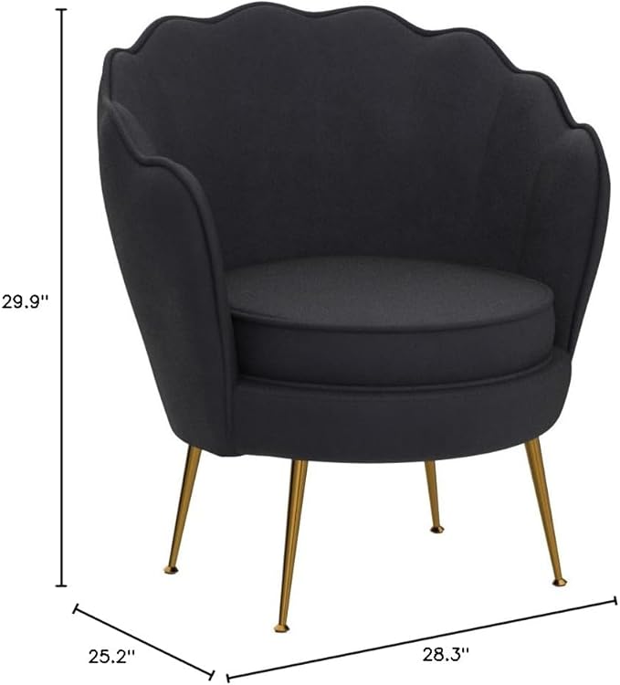 Container Furniture Direct Velvet Barrel Accent Chair with Scalloped Silhouette and Gold Metal Legs, Decorative Piece Suitable for Traditional, Modern, and Contemporary Spaces, Black