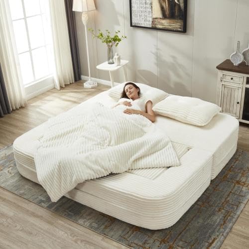 80" Foldable Floor Couch, 3-Seat Convertible Sleeper Sofa with Chaise Lounge, Blanket and 3 Soft Pillows, Corduroy Fabric, for Living Room, Bedroom, Apartment, No Assembly Required, Beige