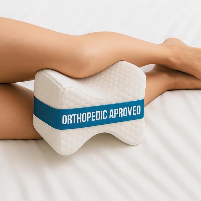 Knee Pillow – Memory Foam Leg Positioner with Ergonomic Shape – Side Sleeper Support – Removable & Washable Cover – White