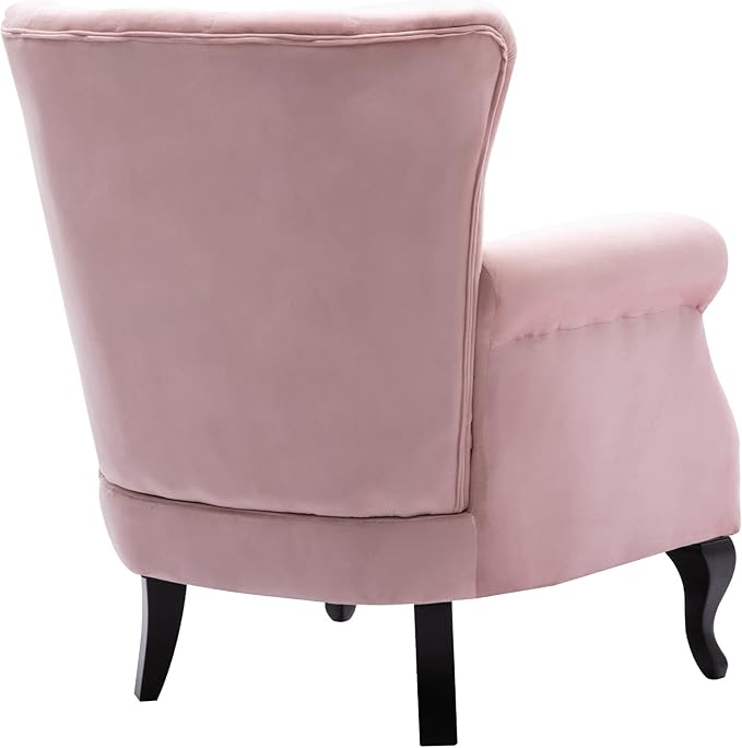 DM Furniture Mid Century Accent Chair for Living Room, Velvet Button Tufted Armchair Wingback Club Chair Single Sofa Lounge Chair with Pillow for Reception/Bedroom, Pink