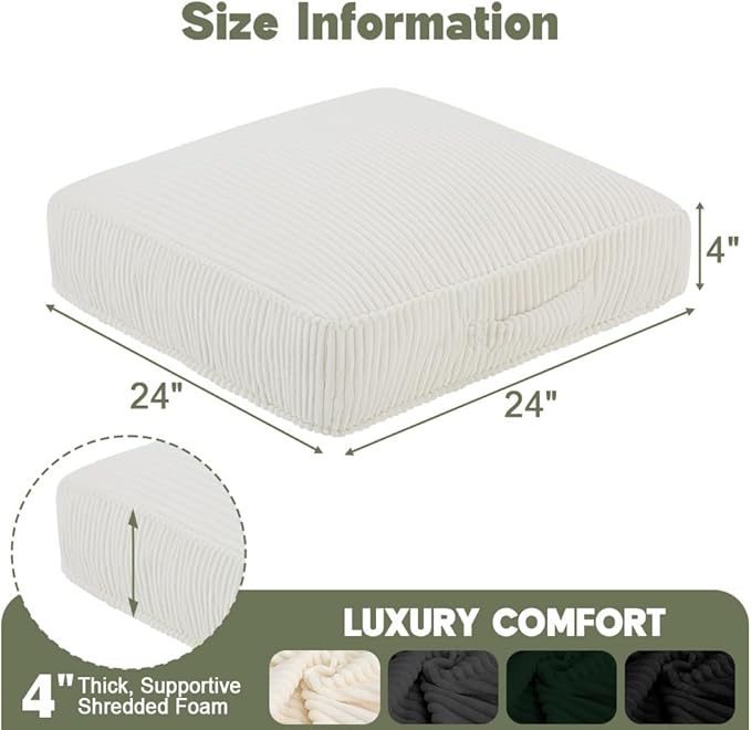 PRIMEPATIO Floor Pillow for Adults, 4" Square Floor Cushions with Washable Cover, Large Corduroy Meditation Pillow, 24 inches Tatami Seat with Handle for Living Room or Yoga, Beige