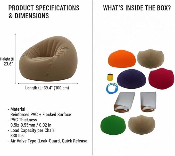 DYRABREST 6 Pcs Bean Bag Chairs for Adults, Inflatable Chairs with Air Pump, Folding Blow Up Couch, Flocking Portable Lazy Sofa for Movie Night, Living Room, Camping, 331 lbs Load-Bearing Capacity