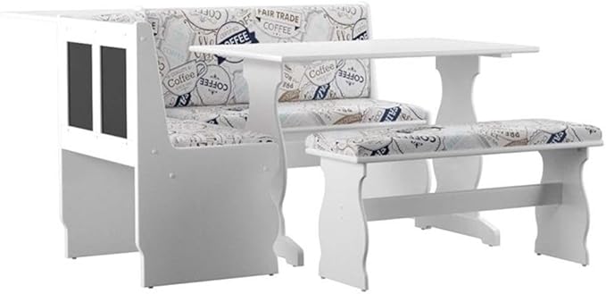 Riverbay Furniture Transitional Wood & Fabric Upholstered Corner Nook Dining Set with Table & Bench & Corner Unit, Some Assembly Required, Seats Up to 5 People, in White Finish