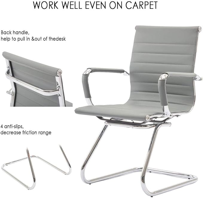 DM Furniture Office Desk Chair Set of 6,No Wheels PU Leather Computer Chairs Mid Back Guest Chairs with Seld Base for School/Reception/Conference/Waiting Room,Grey