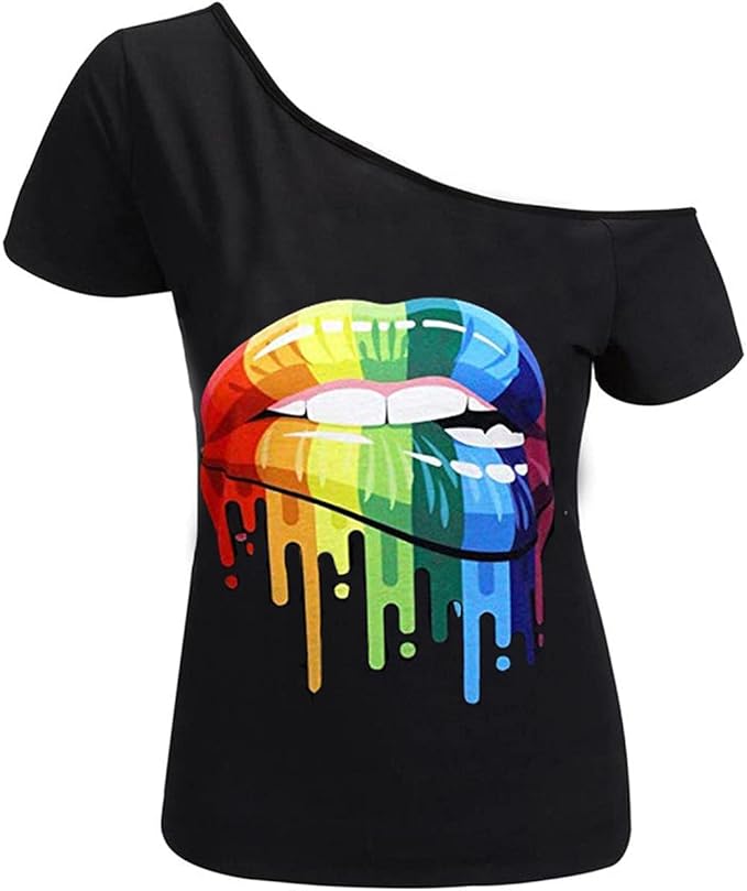 MAGICMK Women’s Short Lips Print Causal Off The Shoulder Plus Size T-Shirt Tops
