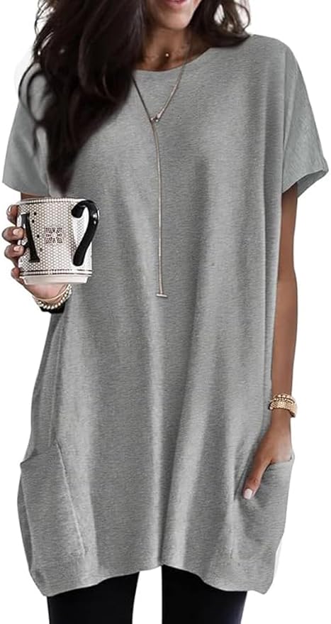 Poetsky Summer Womens Tunic Tops for Leggings with Pockets Short Sleeve Casual Long T Shirts S-3XL