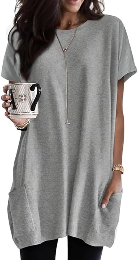 Poetsky Summer Womens Tunic Tops for Leggings with Pockets Short Sleeve Casual Long T Shirts S-3XL