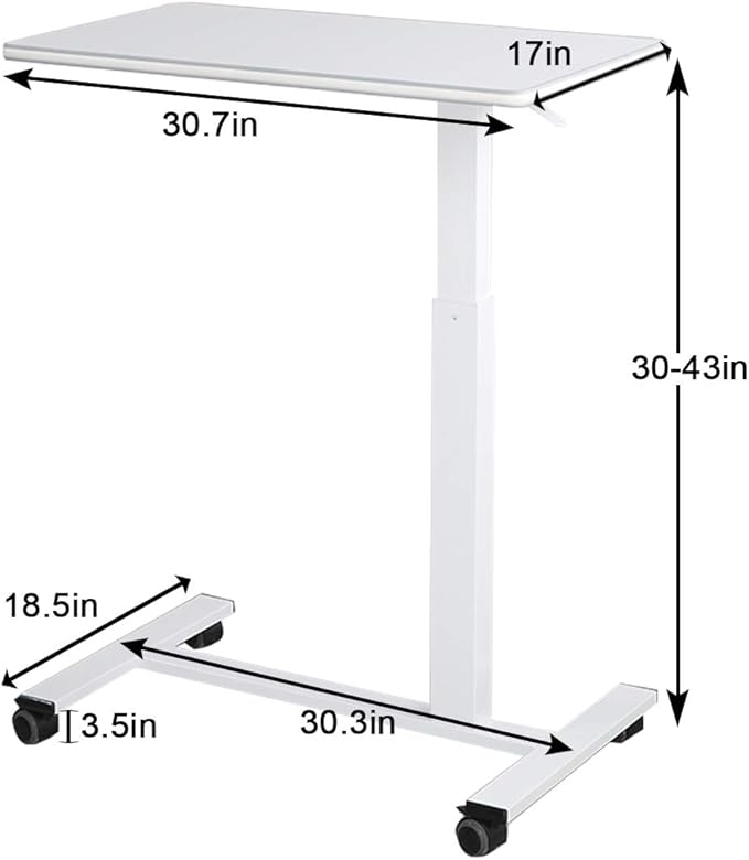 TigerDad Pneumatic Adjustable Overbed Table with Gas Spring Riser | Medical Adjustable Bed Side Table with Wheels | Portable Standing Desk for Laptop Computer with Large Work Space 30.7"x 17"