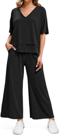 Tankaneo Womens 2 Piece Sets Casual Tracksuits Short Sleeve Tops Wide Leg Pants Outfits Lounge Sets