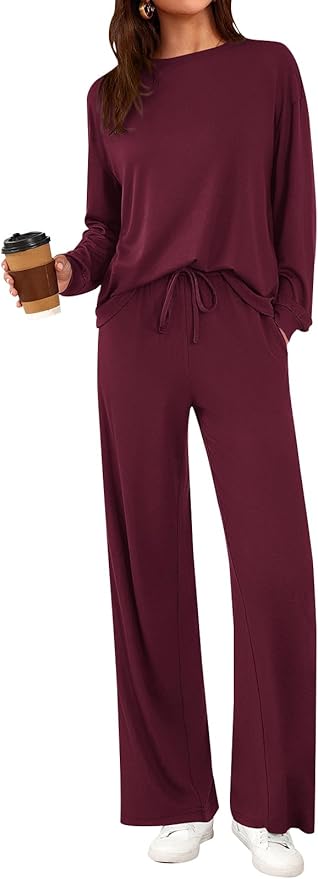 PRETTYGARDEN Womens 2 Pieces Lounge Sets Crewneck Long Sleeve Wide Leg Drawstring Pants Tracksuits Loose Fit Outfits Set