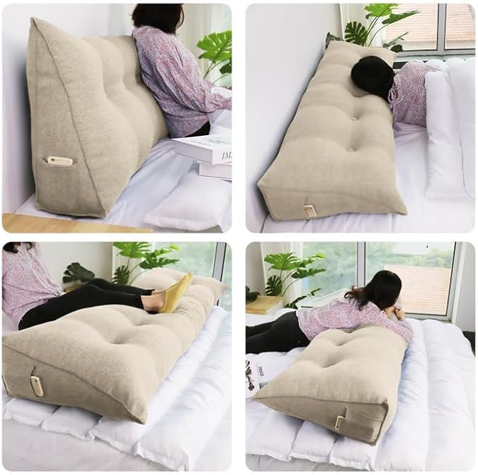WOWMAX 80% Cotton & 20% Linen Blend Headboard Pillow – King Size Reading Wedge Backrest for Bed, Handmade Firm Support Bolster Cushion with Removable Cover, Premium Bed Rest Pillow, Natural Color