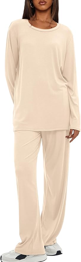 Darong Women's 2 Piece Lounge Set Casual Long Sleeve Crew Neck Tops Wide Leg Pants Travel Airport Outfit Matching Sets