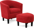 INZOY Modern Accent Chair with Ottoman, Upholstered Barrel Reading Chair with Foot Rest, Comfy Fabric Armchairs for Living Room Bedroom Small Spaces, Easy to Assemble (Red)