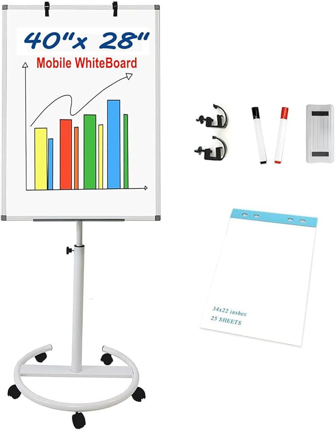 BEST BOARD Mobile Easel Whiteboard 40x28 Inches – Adjustable Height Rolling Whiteboard on Wheels, Magnetic Portable Dry Erase Board Stand Easel White Board Flipchart Easel Board with Paper Pad