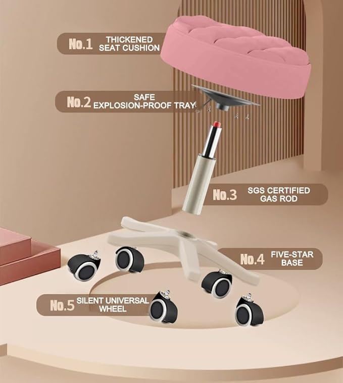 HDHNBA Small Chair Round Rolling Stool with Wheels PU Leather Height Adjustable Swivel Drafting Work SPA Salon Stools Home Office Chair,2 Pack
