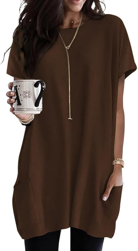 Poetsky Summer Womens Tunic Tops for Leggings with Pockets Short Sleeve Casual Long T Shirts S-3XL