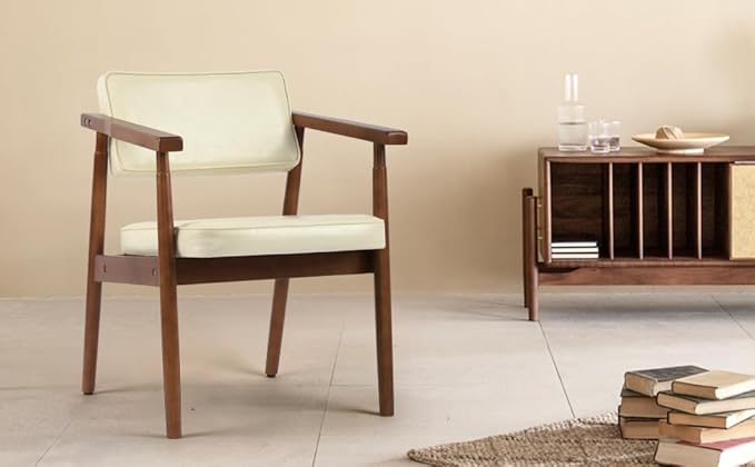 LSSPAID Mid Century Dining Chairs Set of 1, Beige Linen Fabric Upholstered Armchair with Wooden Handrail, Comfy Backrest Modern Kitchen Chairs for Bedroom Living Room Dining Room