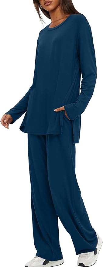 Darong Women's 2 Piece Lounge Set Casual Long Sleeve Crew Neck Tops Wide Leg Pants Travel Airport Outfit Matching Sets
