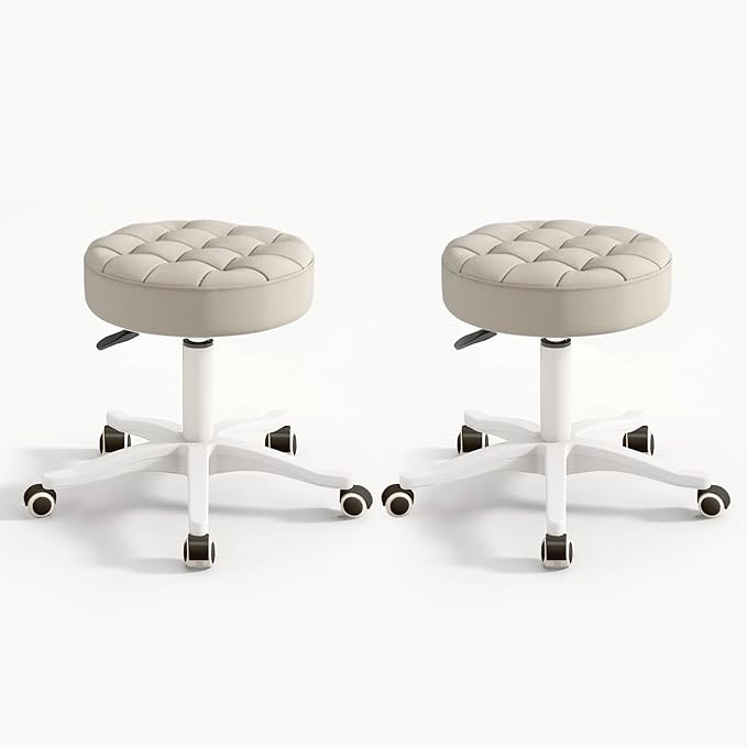 HDHNBA Small Chair Round Rolling Stool with Wheels PU Leather Height Adjustable Swivel Drafting Work SPA Salon Stools Home Office Chair,2 Pack