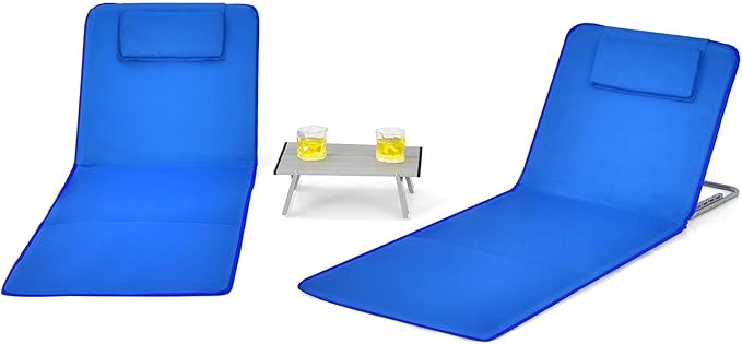 Nightcore 3-Piece Beach Chairs Set for Adults, Adjustable Lawn Chair with Side Table for Outdoor Relaxing & Sun Tanning, Portable & Folding Recline Chaise Lounge for Beach, Patio, Camping (Blue)
