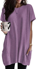 Poetsky Summer Womens Tunic Tops for Leggings with Pockets Short Sleeve Casual Long T Shirts S-3XL