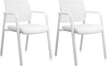 CLATINA Stacking Office Chairs | Mesh Back, Thicken Leather Seat and Arms, Ergonomic Lumbar Support | Guest Reception, Waiting, Conference, School, Party, Customer, Side, Stationary | Set of 2, White