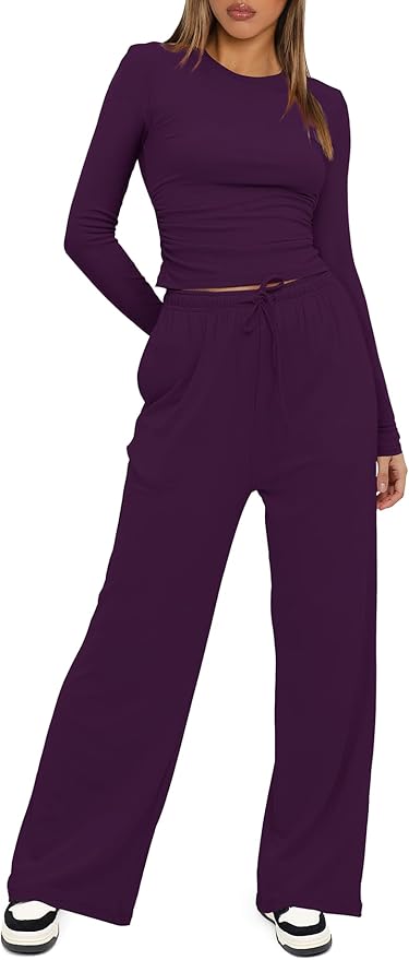 Darong Women's 2 Piece Outfits Lounge Sets 2026 Long Sleeve Tops Wide Leg Pants Casual Matching Set