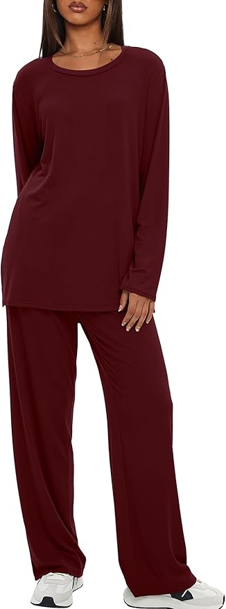 Darong Women's 2 Piece Lounge Set Casual Long Sleeve Crew Neck Tops Wide Leg Pants Travel Airport Outfit Matching Sets