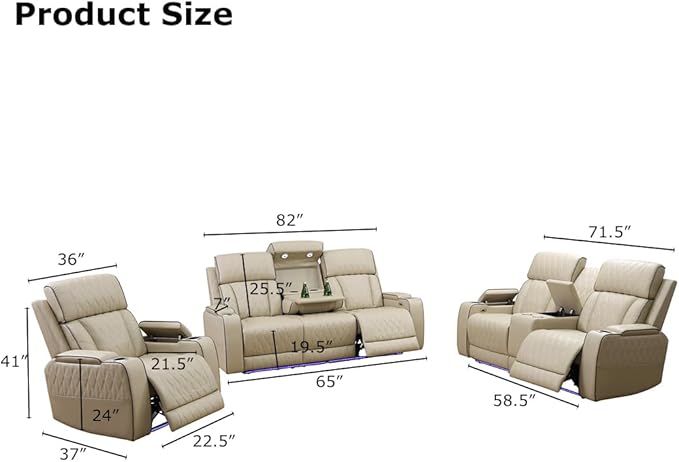 Toseslo Leather Reclining Sofa Set, Power Recliner Sofa Sectional Couches with Drop-Down Table, Living Room Furniture, Reclining Sofa with Cup Holders/Storage Console for House(Beige)