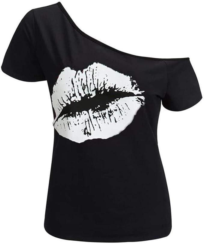 MAGICMK Women’s Short Lips Print Causal Off The Shoulder Plus Size T-Shirt Tops