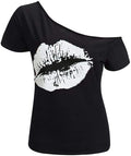 MAGICMK Women’s Short Lips Print Causal Off The Shoulder Plus Size T-Shirt Tops