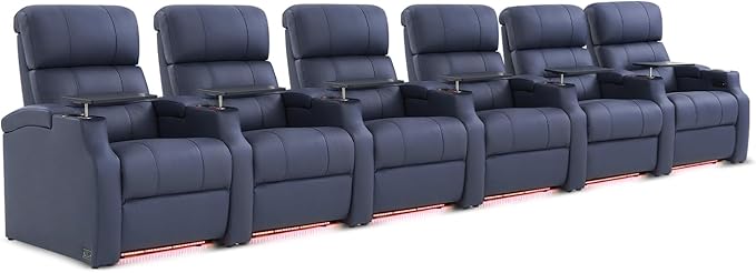 Weilianda Home Theater Seating, Top Grain Leather Sectional Seats Recliner Chair, Zero Gravity Reclining Sofa with Power Headrest 7 Colors Ambient Lighting USB C Charge Row of 6 Blue